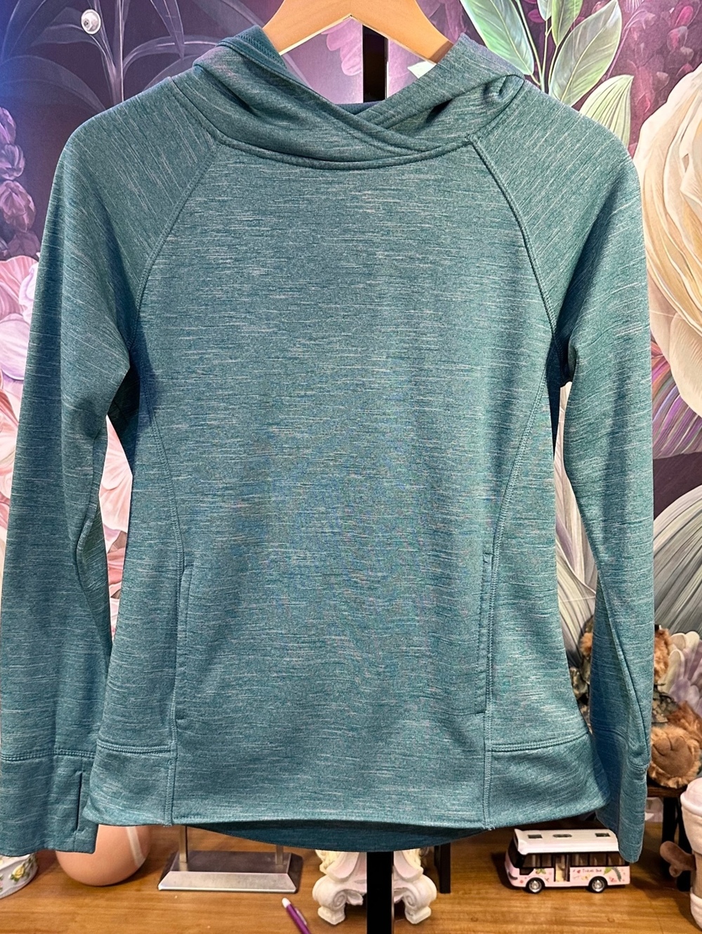 Champion S Cowl Neck Pullover Athletic Activewear Thumbhole Running Top Teal